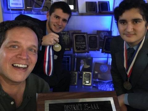 Picture of Mr. Garcia, Evan and Raoult - 2018 CX Debate Champs & Advisor